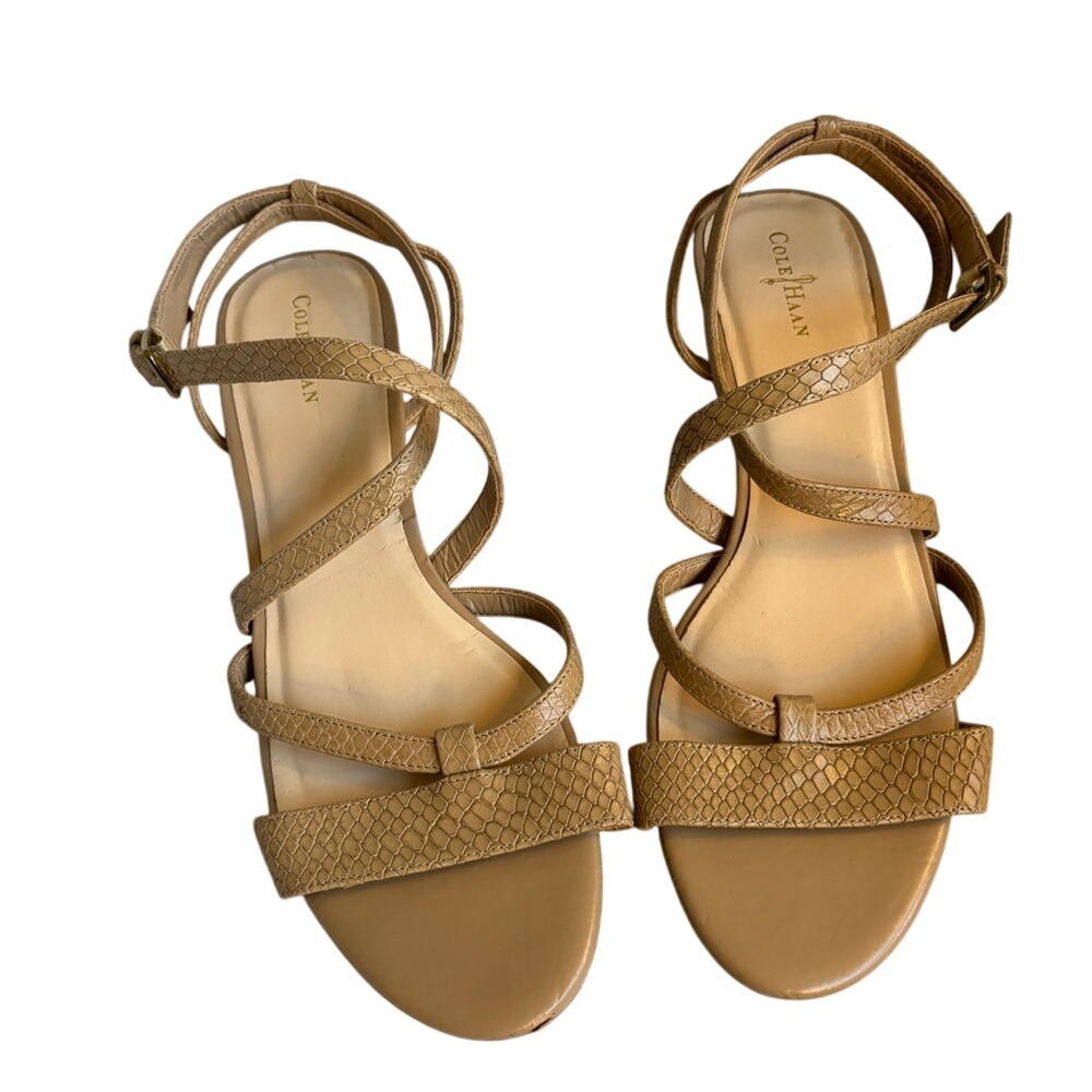Cole Haan Tan Snakeskin Embossed Strappy Wedge Sandals Size 8B Beige